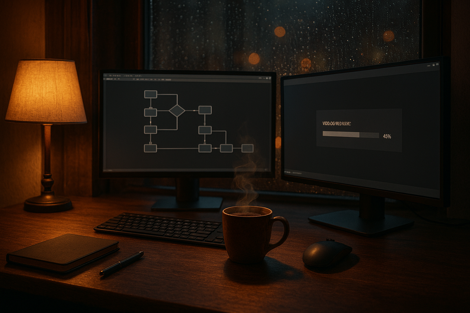 A cozy night workstation with multiple monitors showing a flow diagram and a video render progress bar, warm desk lamp glow, coffee steam curling upward, rain-speckled window with bokeh city lights, photorealistic, rich textures, inviting composition.