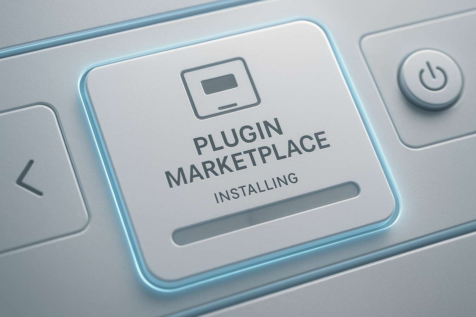 A sleek, minimal control panel showing a plugin marketplace tile being installed. Cool white UI, soft shadows, hints of neon edge lighting, photorealistic textures, crisp typography, close-up macro framing without any brand labels.