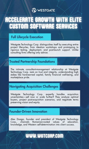 Westgate Technology Corp. excels in custom software development services, delivering full-lifecycle execution from inception to commercialization unlike mere advisory firms. Founded by Alex Doaga, they build trust-based partnerships safeguarding family finances, investor stakes, and marketplace pride. Their distinct process defines functional-emotional customer needs for unique experiences while navigating acquisitions and optimizations. With "Gateway to the West" values rooted in self-determination, Westgate positions startups for growth through embedded systems, IoT, cloud solutions, and strategic guidance. 

Visit Here: https://www.wgtcorp.com/