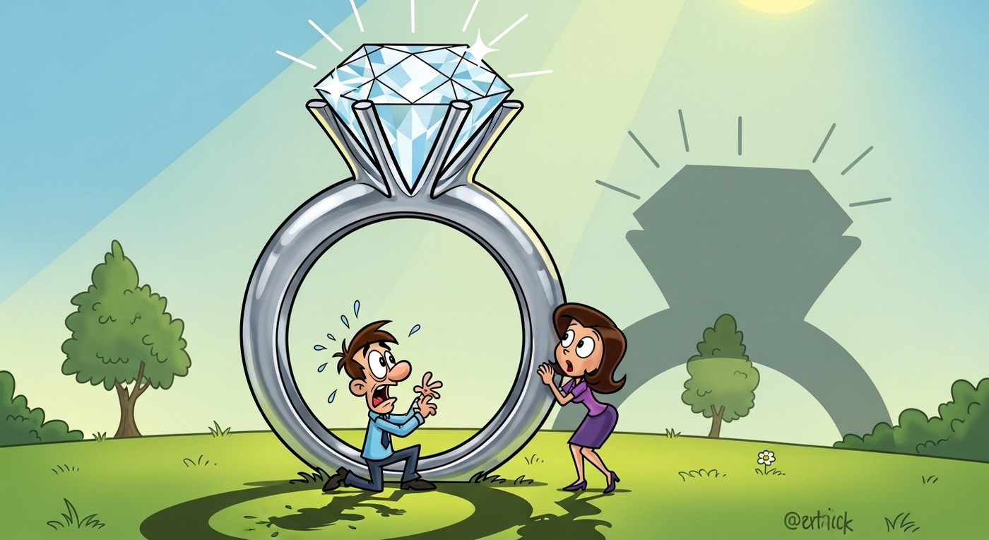 Карикатура: гигантское кольцо с бриллиантом