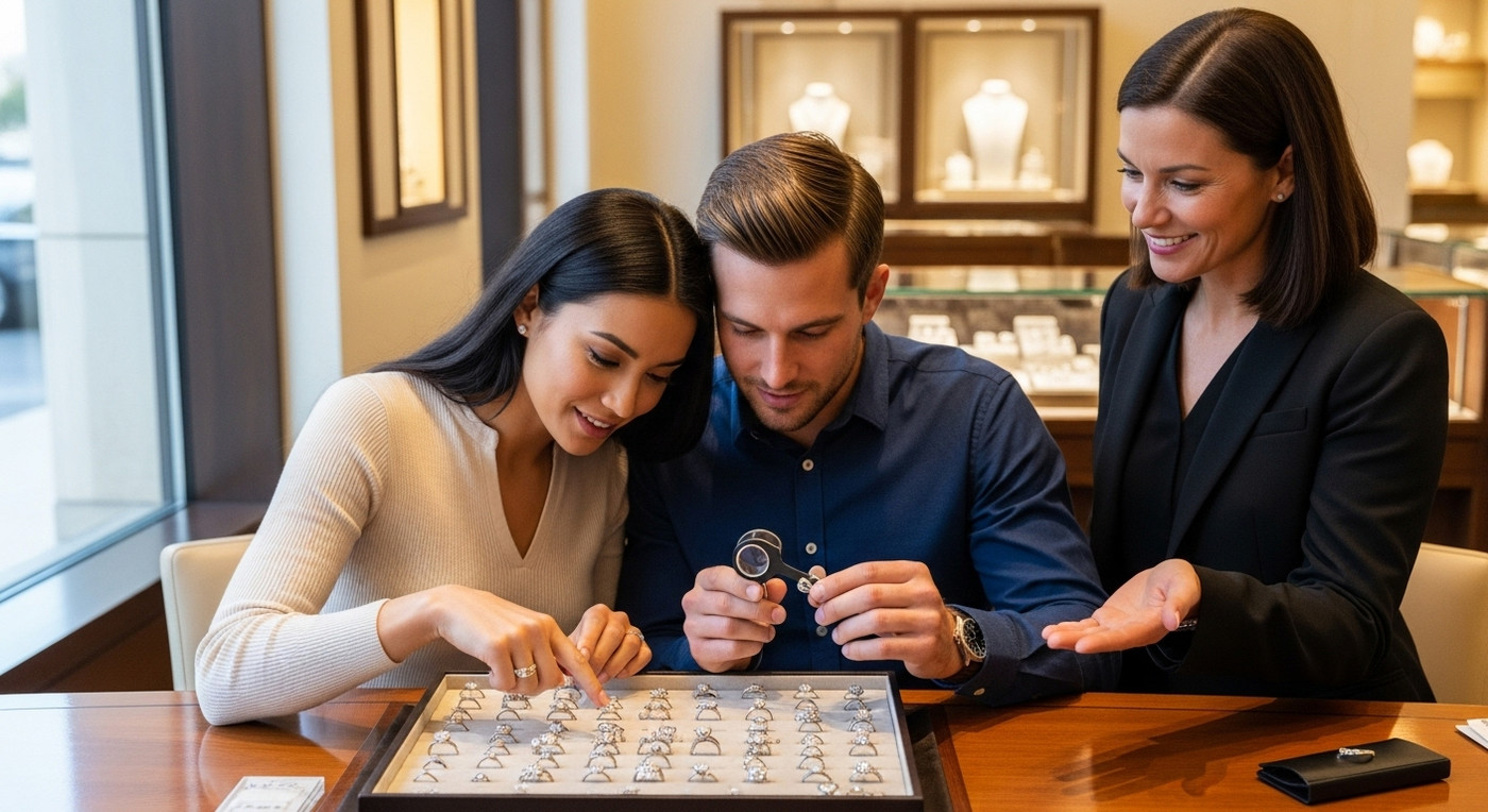 Выбор колец в ювелирном магазине