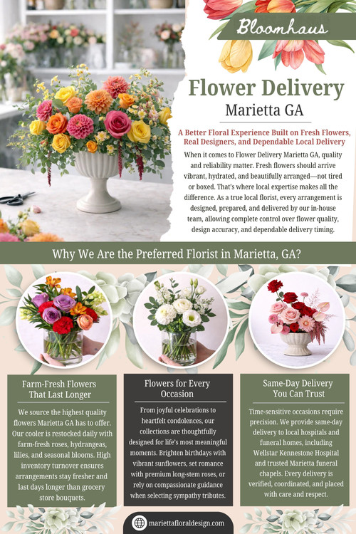 Flower delivery isn’t just transportation—it’s preservation. Local flower delivery Marietta GA works well because drivers understand how to handle arrangements, how to avoid sudden temperature changes, and how to navigate neighbourhoods efficiently.

Marietta Floral Design

Address: 1934 New Kemp Rd, Marietta, GA 30066
Phone: +1(770) 826-6992
Find Us On Google Map: https://maps.app.goo.gl/ywdCypNMysC9BoYa6

Read Our Blogs:
https://v.gd/i3kSJF
https://is.gd/am2wYq
https://tinyurl.com/2cuy7ost

More Links:
https://v.gd/4pLKjq
https://is.gd/7jUlHp
https://tinyurl.com/29c4hcnm