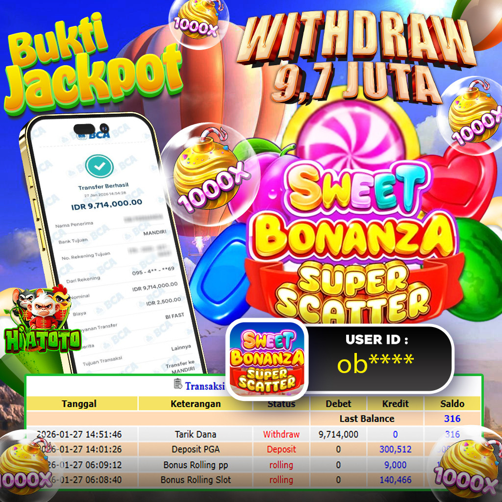 HIATOTO JACKPOT!!! Jackpot SWEET BONANZA SUPER SCATTER Sebesar Rp,9.700.000 Juta Di Bayar Lunas!