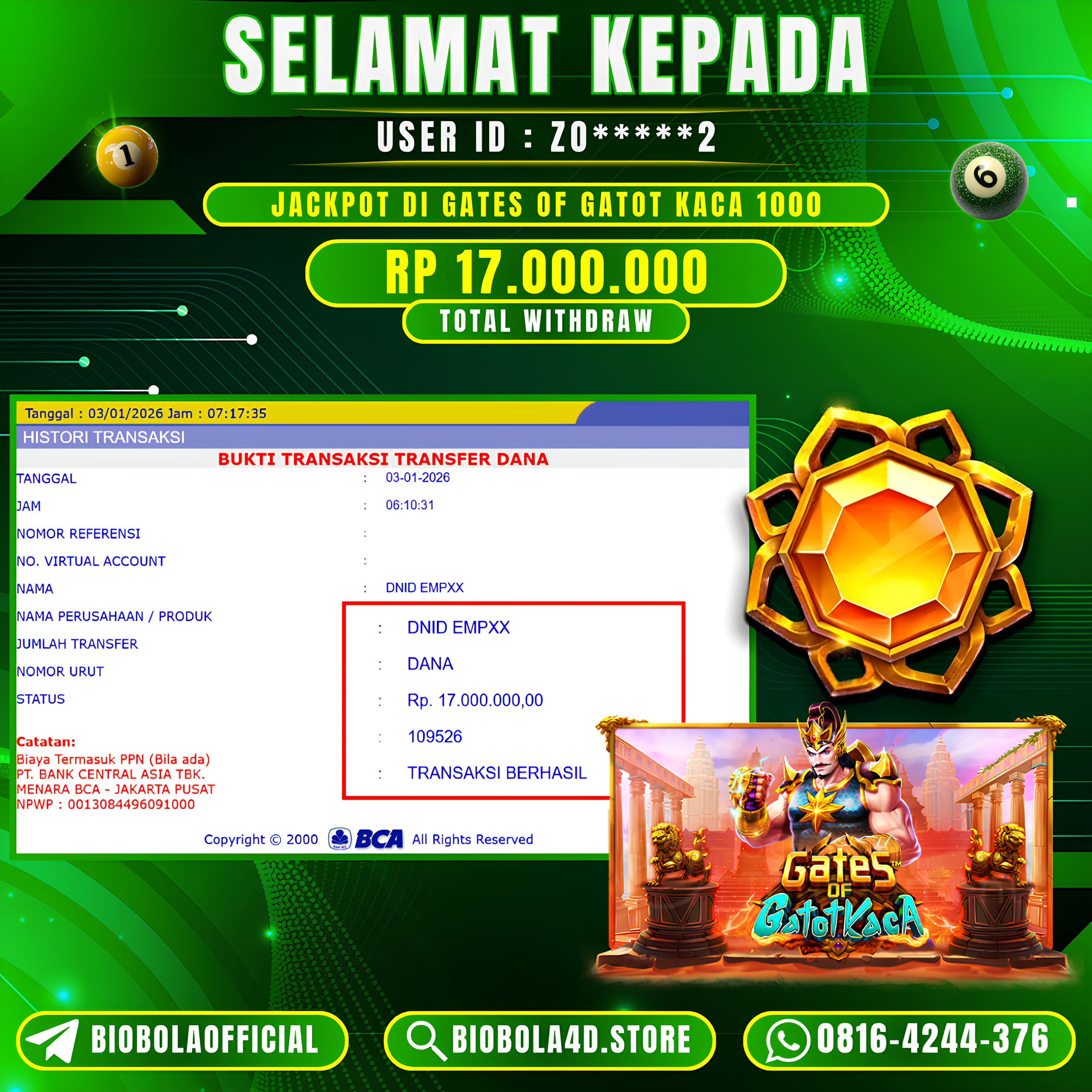 JP Gates of Gatot Kaca 1000 17 JT DI BAYAR LUNAS !!