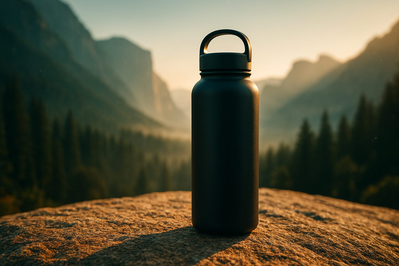 Hyperrealistic lifestyle scene for an ecommerce product photo: a matte black reusable water bottle resting on sun-warmed granite at golden hour, alpine valley and pine forest softly blurred in the background, delicate mist drifting, crisp rim light along the bottle silhouette, realistic contact shadow and subtle reflection on stone, fine texture of powder-coated metal, 50mm lens perspective at f/2.8, cinematic teal-and-gold grading, tiny dust motes and sun flares, no text, no logos, editorial photography style.