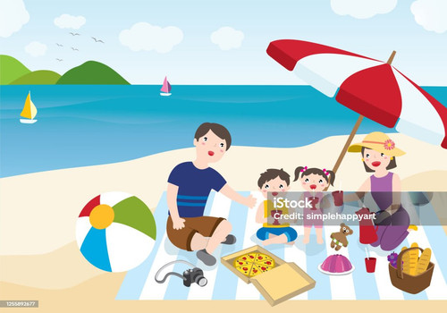 Father, Mother, Son And Daughter Sitting On The Beach Blanket. Mom Serving Drinks..jpg