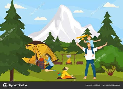 Summer camp on nature, in forest, vacation with tent, adventure vector illustration. Family camping,.jpg
