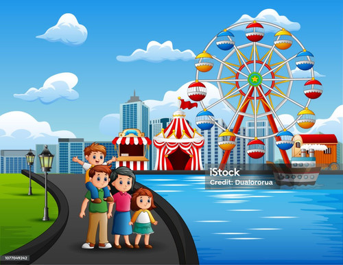Cartoon of family vacation with amusement park background.jpg