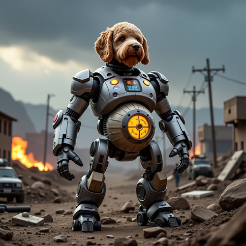 Big Belly Bob now transformed into a military mechatron standing in a rugged war torn landscape His .jpg