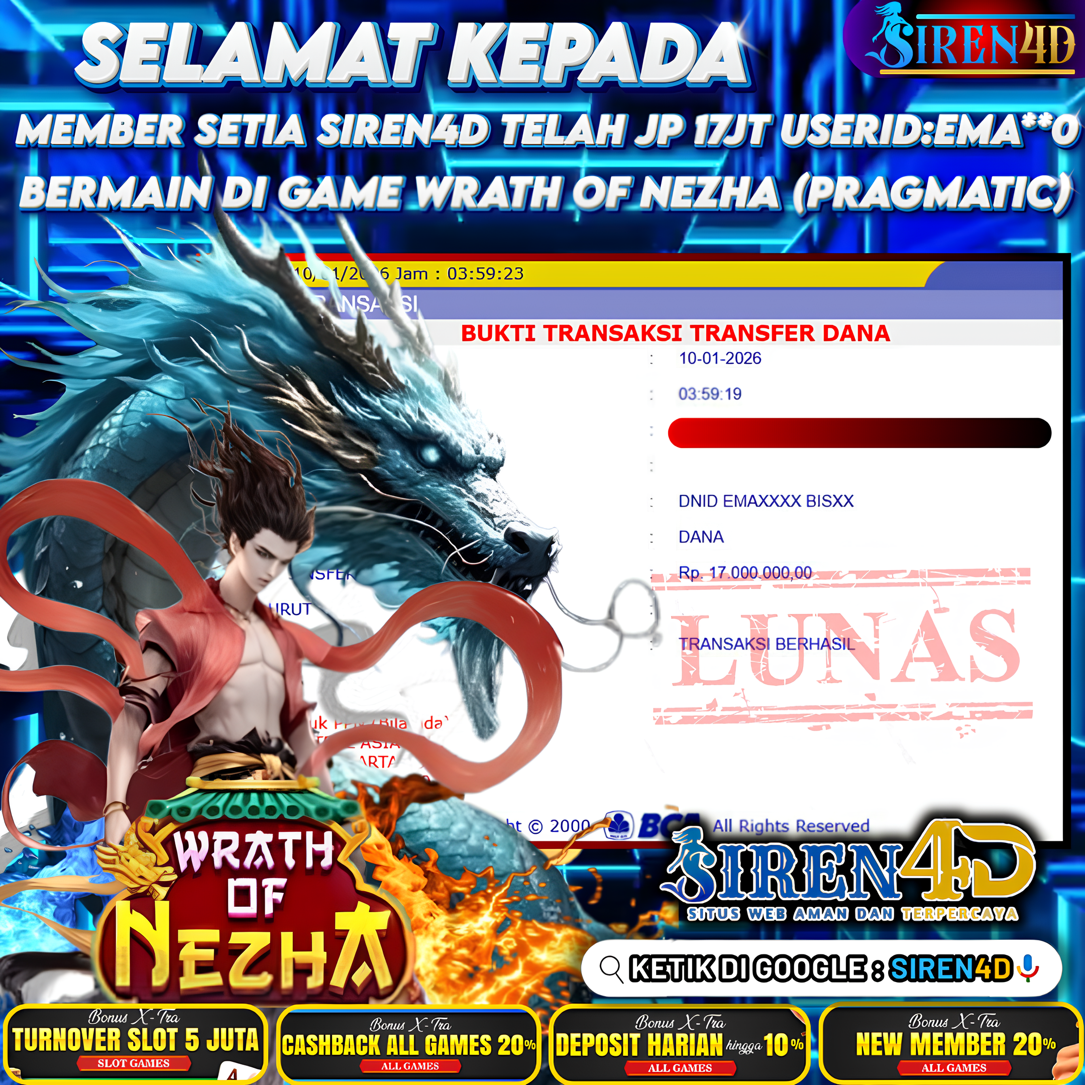 SIREN4D  - TELAH JACKPOT DI GAME WRATH OF NEZHA  ( PRAGMATIC)  RP 17JT DIBAYAR LUNAS