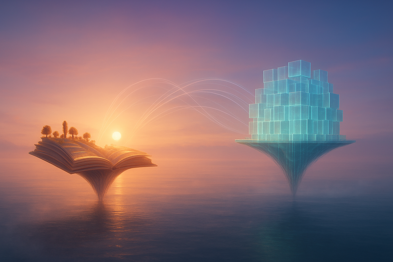 A peaceful 4k aerial panorama of twin floating cities hovering above a glassy ocean at sunrise. The left city is sculpted like an open notebook with terraces of glowing pages and tiny trees; the right city is a crystalline grid of translucent cubes symbolizing structured content. Between them, threads of soft light stream like data bridges, forming delicate arcs. Mist drifts over the water; color palette of sunrise gold, lavender, and teal. Ultra-detailed, hyperreal, tranquil, with gentle volumetric light and long-exposure glows, surreal yet elegant.