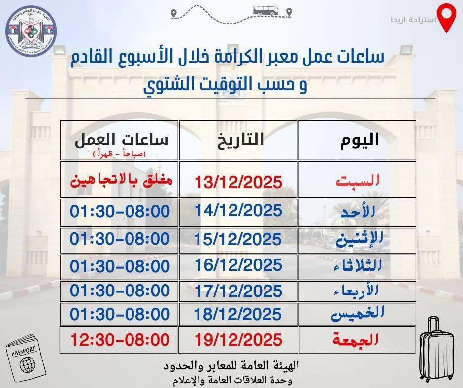 يعمل معبر الكرامة يوم غد الجمعة 19/12/2025، من الساعة الثامنة صباحاً حتى الساعة الثانية عشر والنصف ظهراً في كلا الاتجاهين و حسب التوقيت الشتوي....