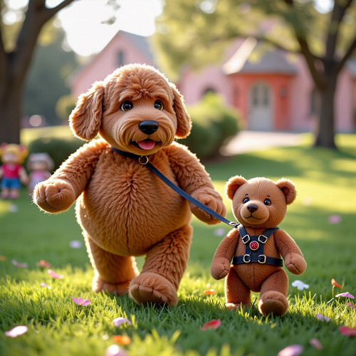 Big Belly Bob BBB a plush labradoodle with an absurdly large spherical belly is walking on all fours.jpg