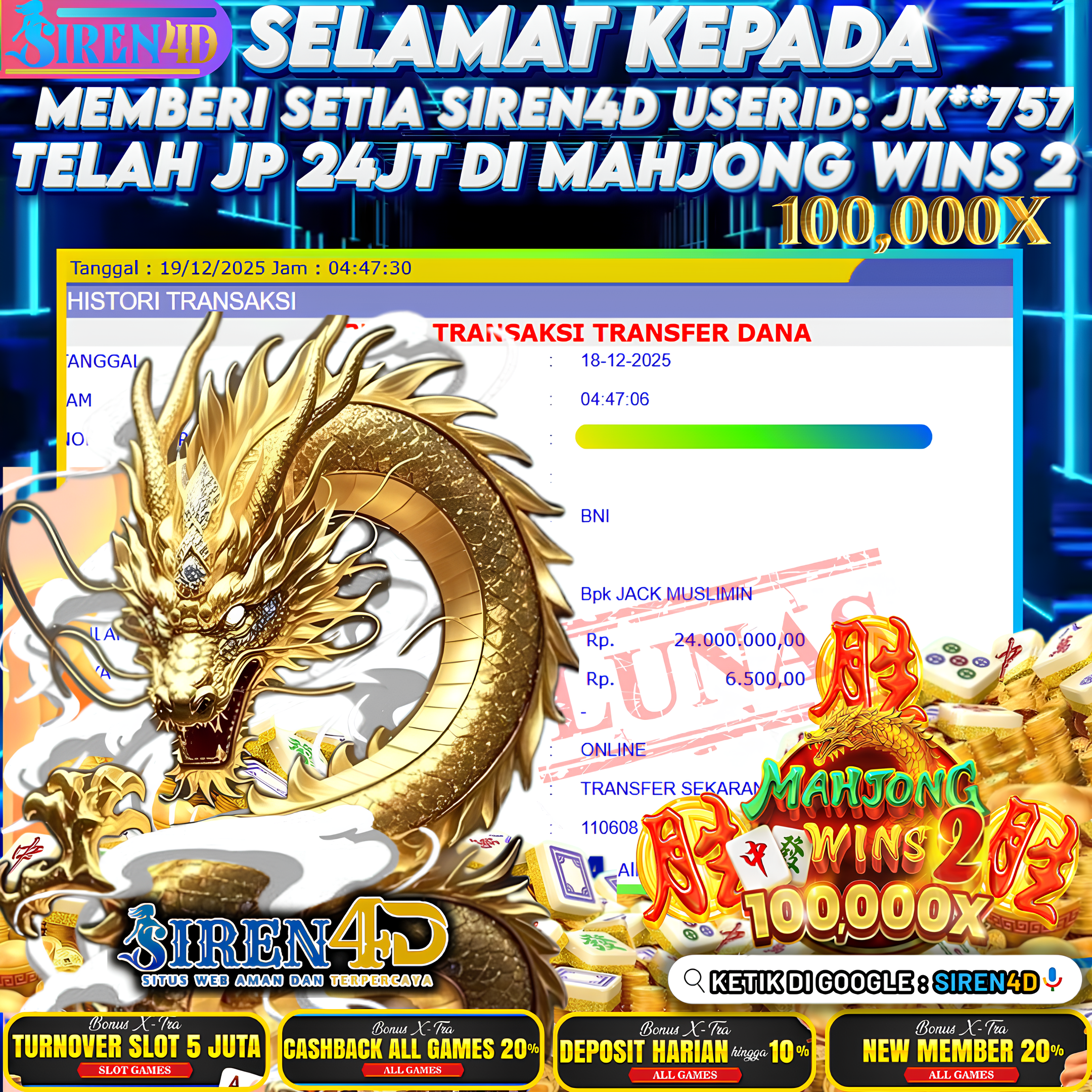 SIREN4D  - JACKPOT DI GAME MAHJONG WINS 2 100,000x RP 24JT DIBAYAR LUNAS