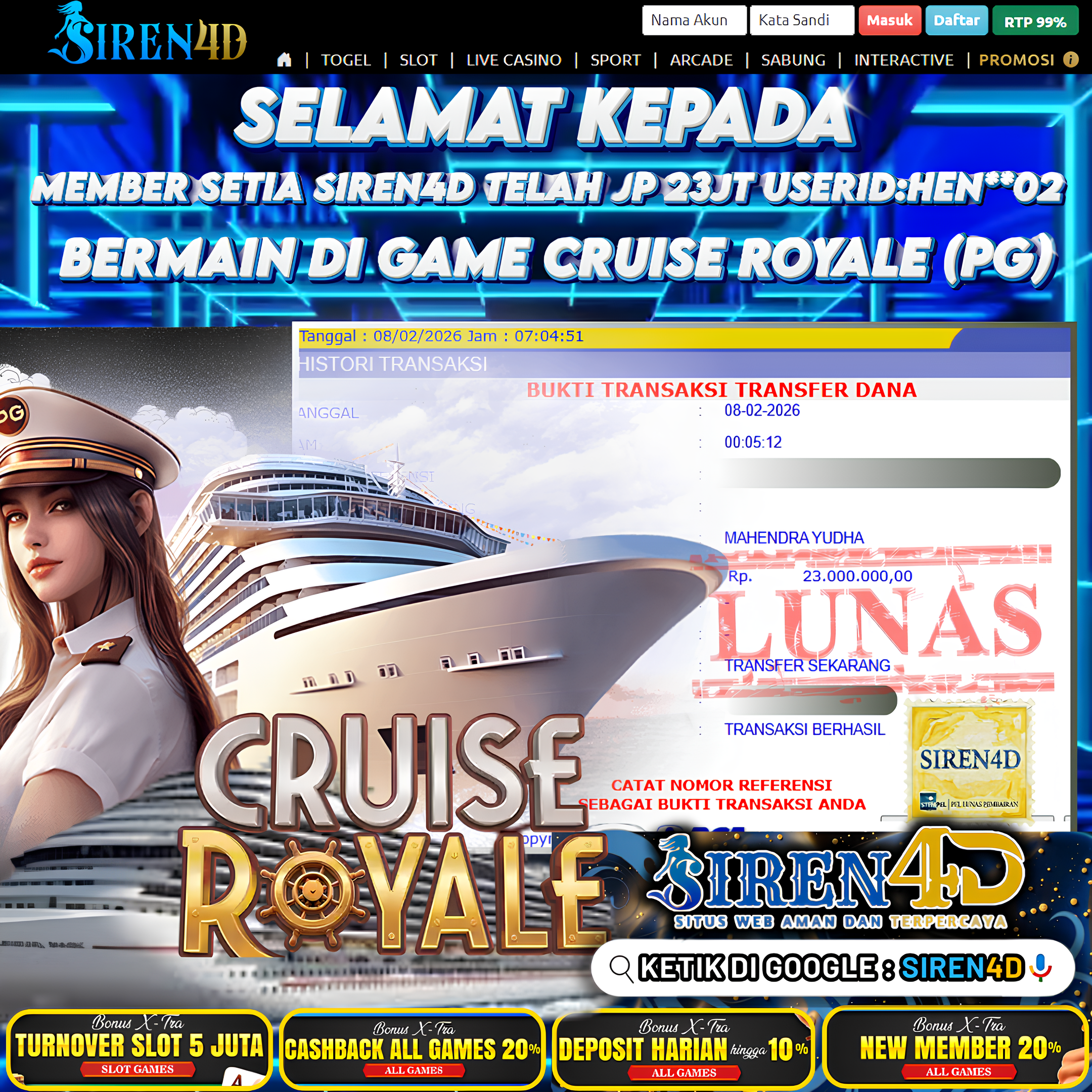 SIREN4D  - TELAH JACKPOT DI GAME  CRUISE ROYALE (PG)   RP 23JT DIBAYAR LUNAS
