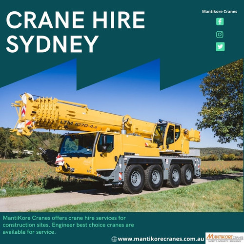 MantiKore Cranes offers crane hire Sydney services for construction sites. Mantikore Cranes provides Tower Cranes, Self-Erecting Cranes, and Electric Luffing Cranes for construction sites. Engineer best choice cranes are available for service. We have an excellent team of dedicated and highly trained operators who will have no trouble in completing your job requirements to the highest level of satisfaction. We do all the diligent work for you. We are giving the setup of the mobile crane using our versatile crane reducing any pressure or stress related to the underlying setup stage.  View our complete range of new and used construction equipment and machinery for sale throughout Australia.

•	Website: https://mantikorecranes.com.au

•	Phone: 1300626845
•	Address:  PO BOX 135 Cobbitty NSW, 2570 Australia
•	Email:  info@mantikorecranes.com.au 
•	Opening Hours:  Monday to Friday from 7 am to 7 pm