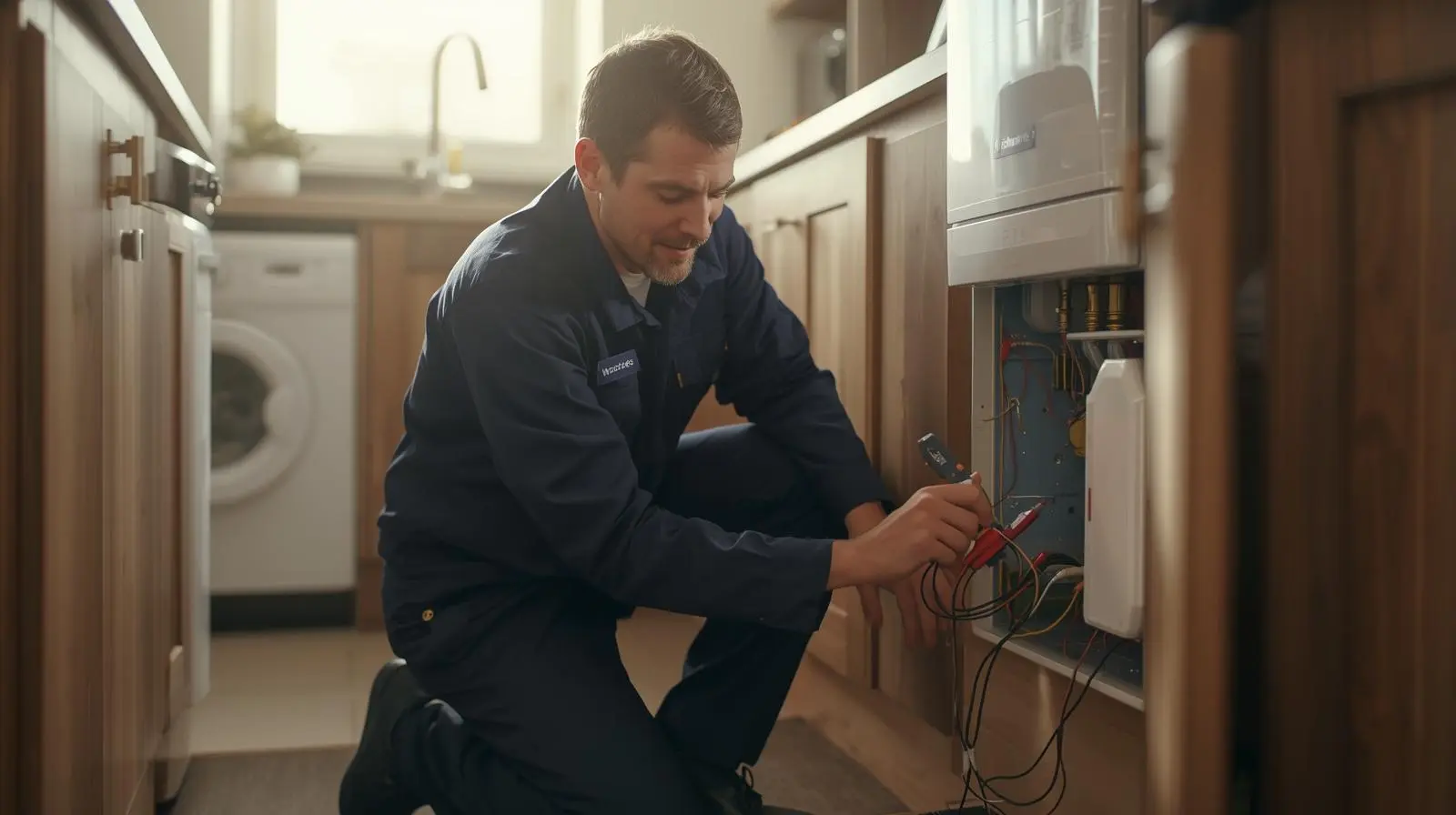 Close-up of modern gas boiler installed with fresh pipe connections