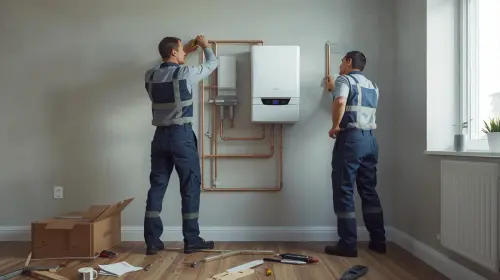 Photorealistic image of two British Gas Safe engineers installing a brand new white Worcester 4000 c