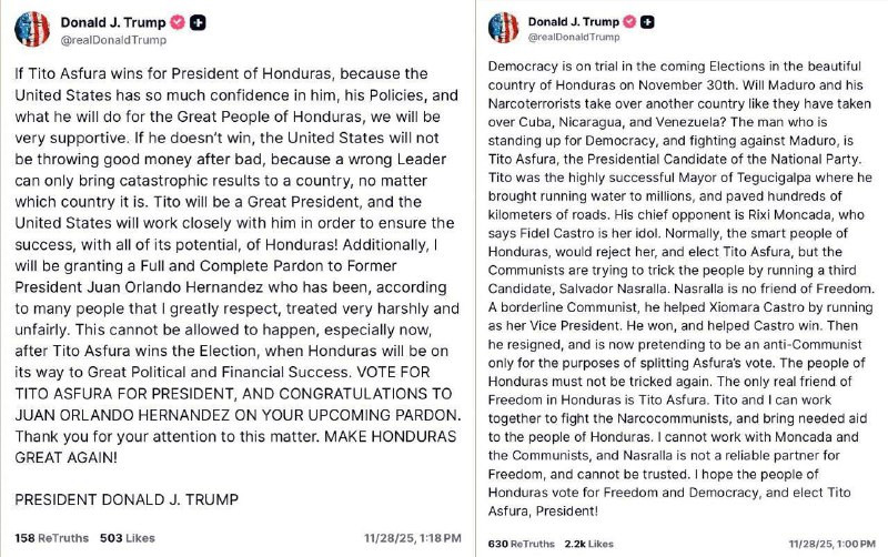 يتدخل ترامب مجددًا وبشكل صارخ في انتخابات دولة من أمريكا اللاتينية، هذه المرة في هندوراس، ويهدد بوقف دعمه لها إذا لم يفز المرشح اليميني تيتو إسبورلا. ...