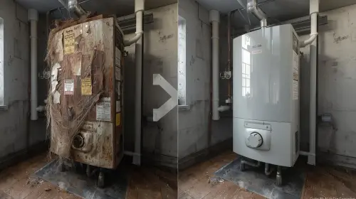 Split image – Left side old dirty rusty boiler with warning stickers, dust and cobwebs. Right side s