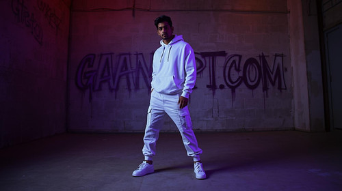 A fashionable Bollywood style Indian man wearing all white streetwear—oversized hoodie, relaxed carg.jpg