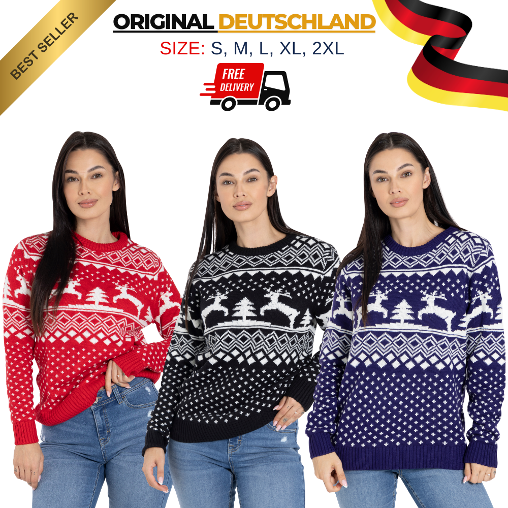 Damen Ugly Christmas Sweater Größentabelle S bis 2XL - Santa Rentier Fair Isle Weihnachtspullover