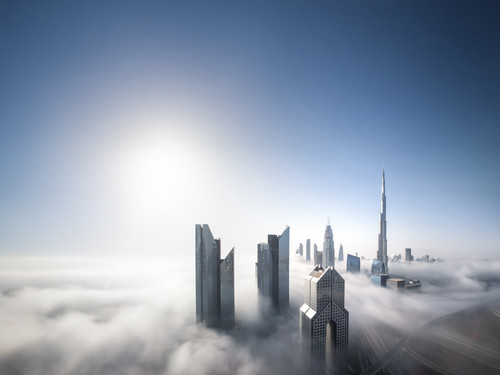 Cityscape of Dubai Downtown skyline on a foggy winter day. Dubai, UAE..jpg
