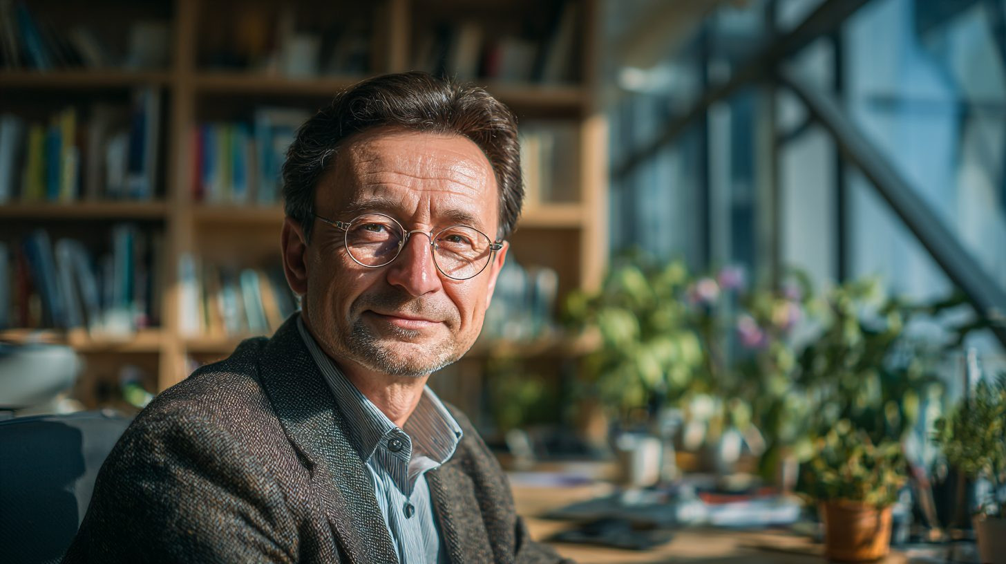 Сергей Лебедев — профессиональное фото психолога в современном кабинете с книгами на фоне