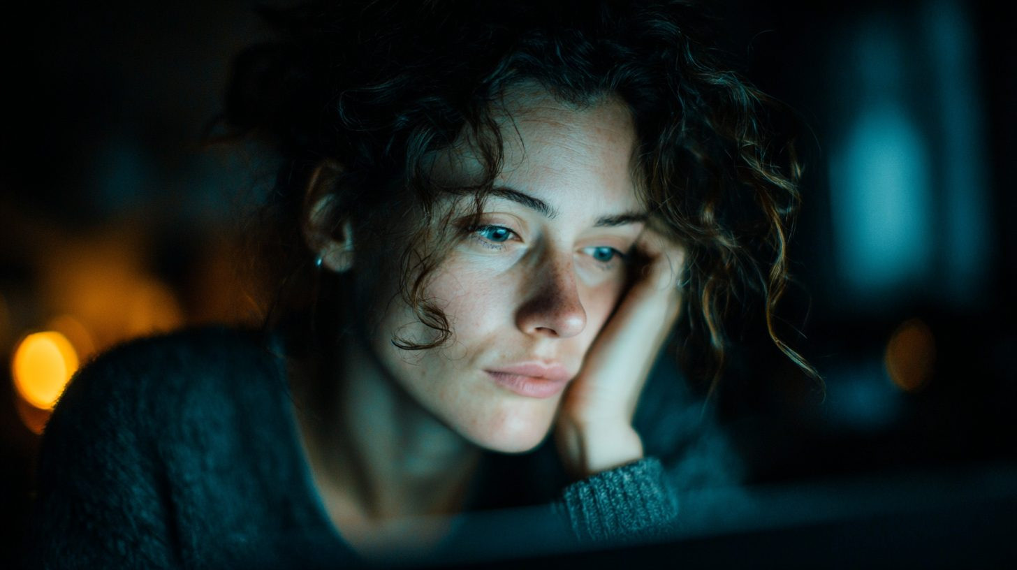 Женщина за компьютером во время онлайн-сессии по выгоранию