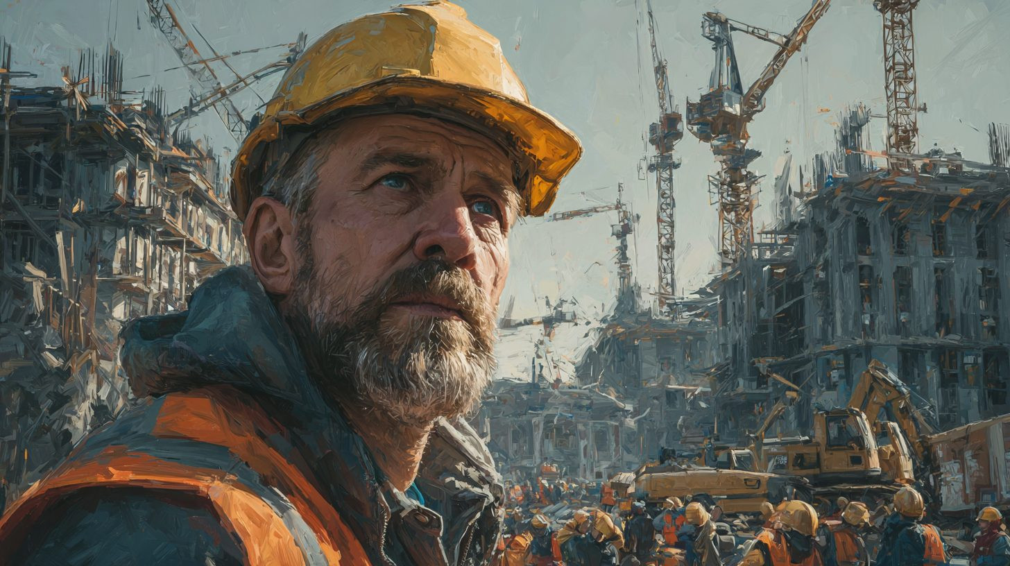 Дмитрий Воронов — портрет автора на фоне строительной площадки в каске и жилетке