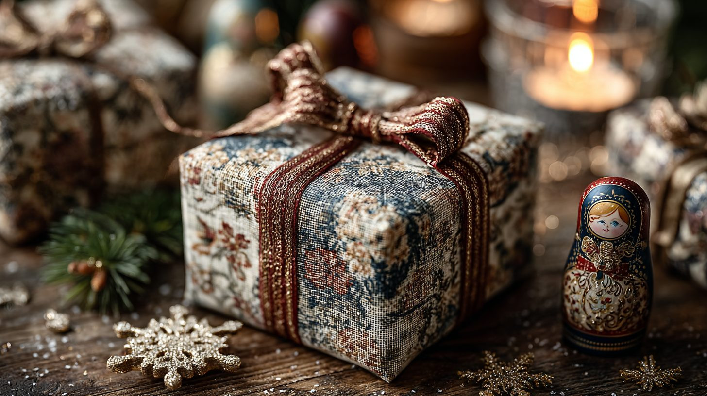 Упаковка подарка в сетчатую бумагу для российского праздника