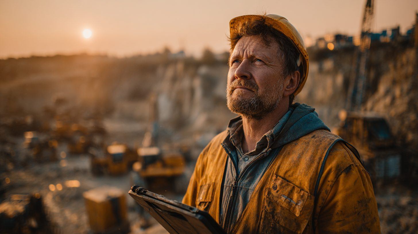 Алексей Воронин — портрет автора на фоне песчаного карьера в каске и с инженерным планшетом