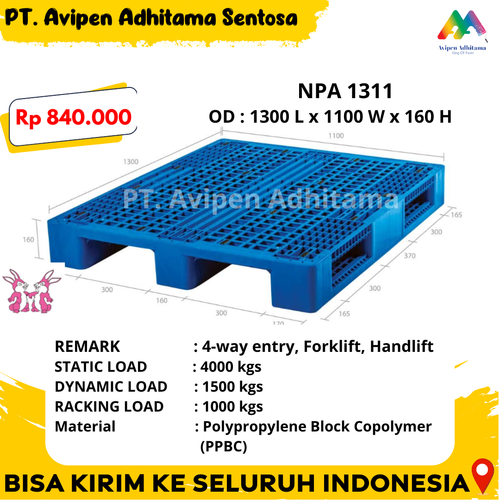 Pallet Plastik 4 Way Entry Gudang Type NPA 1311