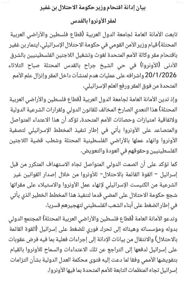 بيان إدانة اقتحام وزير الاحتلال (بن غفير) لمقر الأونروا بالقدس...