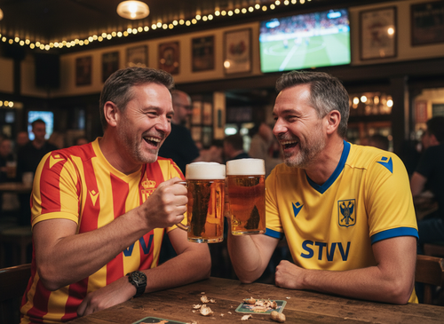 Firefly Gemini Flash Zwei Fussballfans mit den jeweiligen Logos lachen zusammen und trinken Bier zus.png
