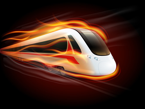 Night high-speed train on the way enwrapped in fire flames spectacular railways image poster print v.jpg
