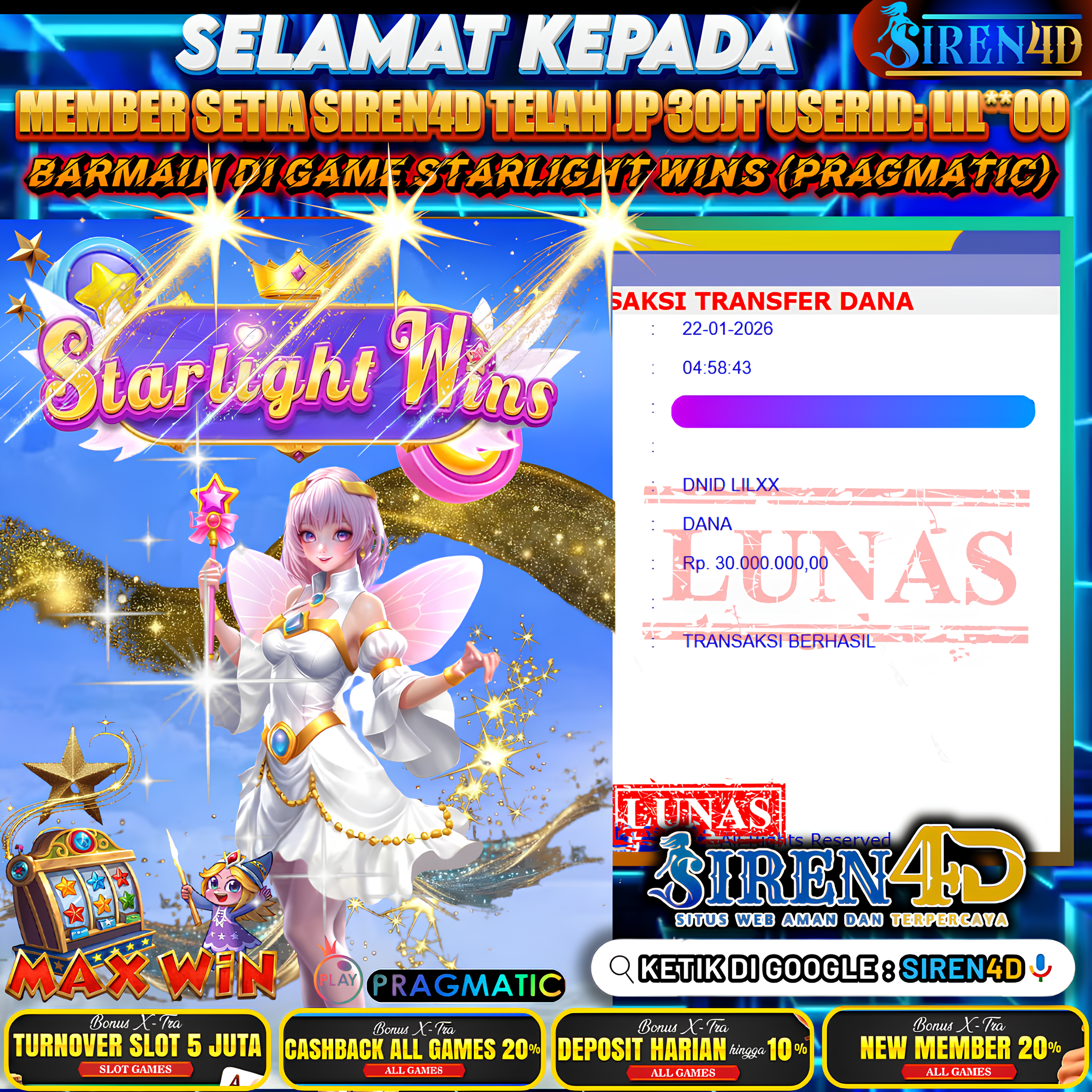 SIREN4D  - TELAH JACKPOT DI GAME STARLIGHT WINS (PRAGMATIC)  RP 30JT DIBAYAR LUNAS