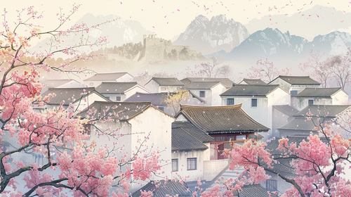 千库网 彩色手绘绘画国风古代房屋建筑的插画 插画编号329302.png