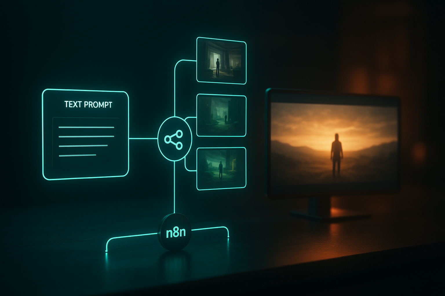 A hyperreal visualization of an automation pipeline: a glowing n8n-style node network on a dark desk routes a text prompt into floating storyboard frames, then into a polished 16:9 cinematic screen. Neon teal and amber accents, soft volumetric light, shallow depth of field, subtle reflections. Futuristic yet practical studio vibe, emphasizing the flow from prompt to full-length video.