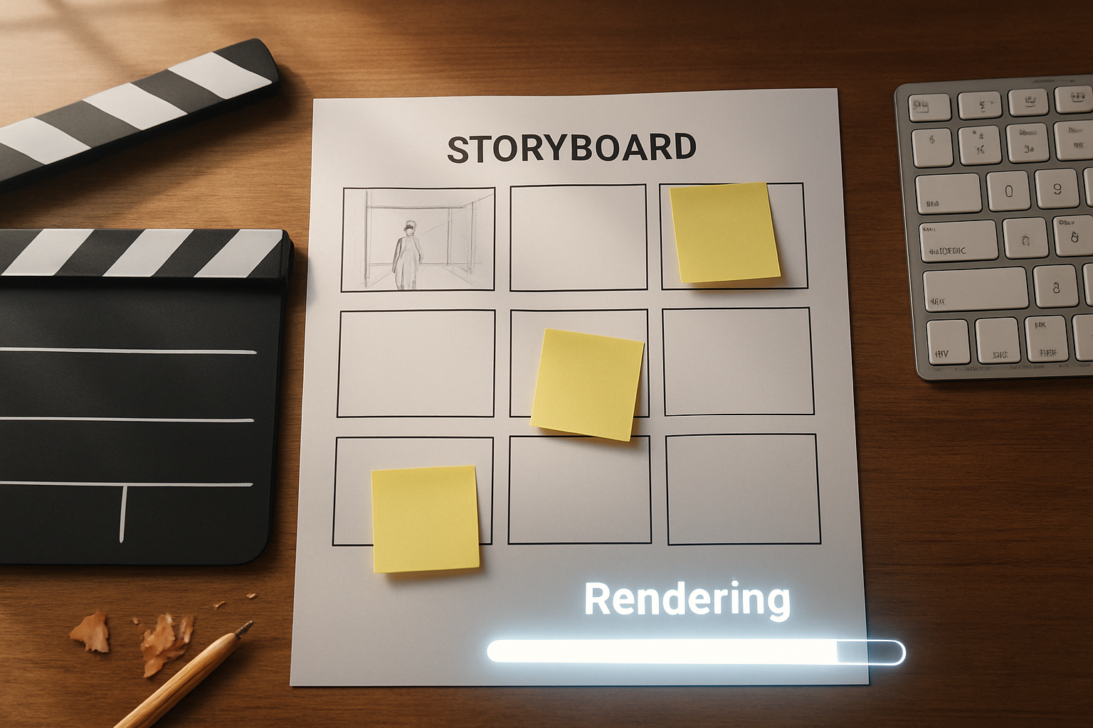 A clean, cinematic top-down shot of a desk with a storyboard grid, sticky notes for video beats, and a glowing progress bar labeled “Rendering.” Soft daylight, warm wood textures, high-detail props like a clapperboard, pencil shavings, and a minimalist keyboard. Subtle bokeh, photorealistic.
