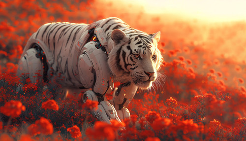 A white tiger with robotic body parts, metallic sections. It walks through a lush field of red flowe.jpg