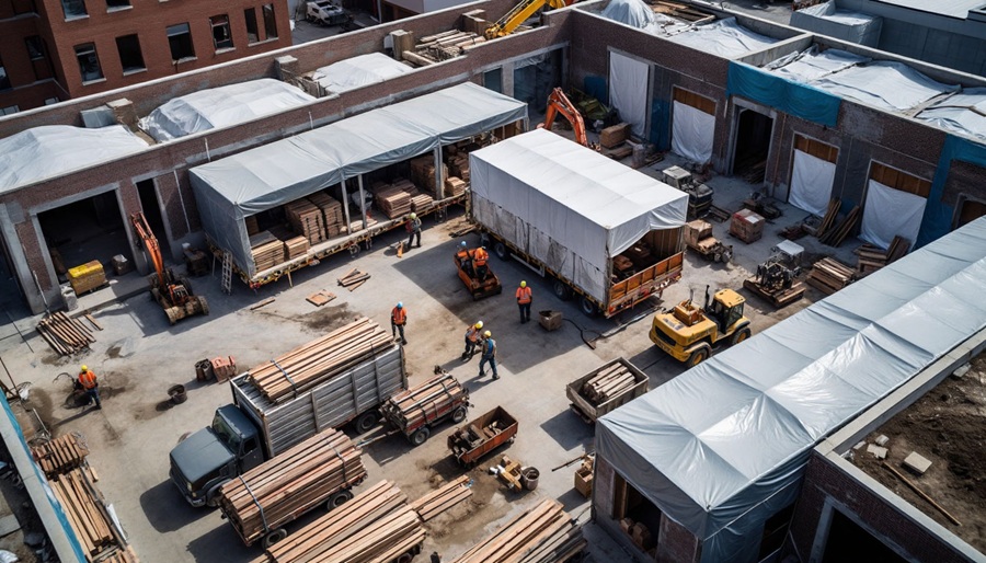 стройалощадка с тентами вид сверху