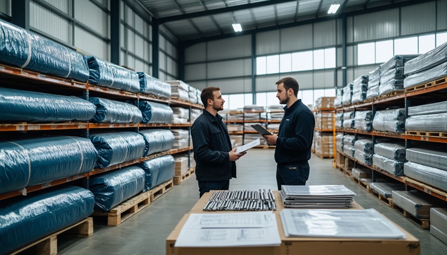 Штабеля пологов и готовых тентов на складе