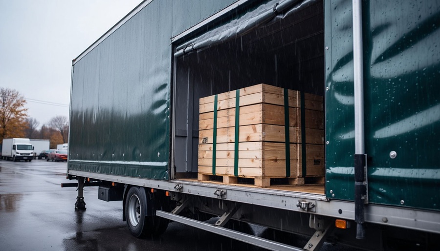 Тентовая фура с грузом стоит на трассе