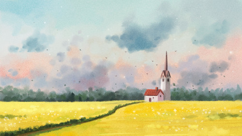 千库网 水彩主题之春天油菜花地房屋风景 插画编号66356.jpg