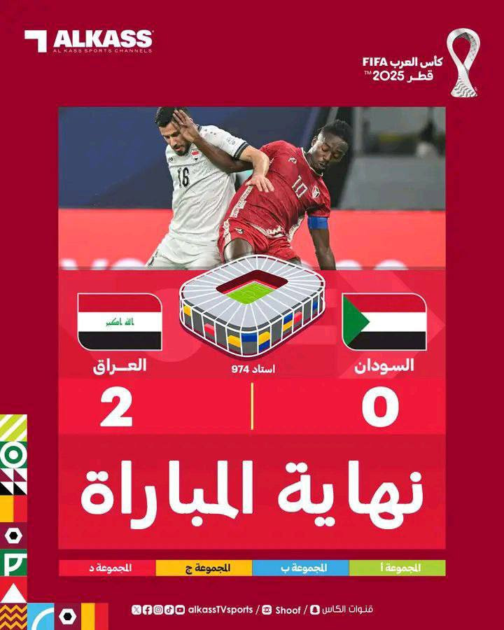 نهاية المباراة.. تأهل منتخب العراق لربع النهائي بفوزه 2-0 على السودان في كأس العرب قطر 2025...