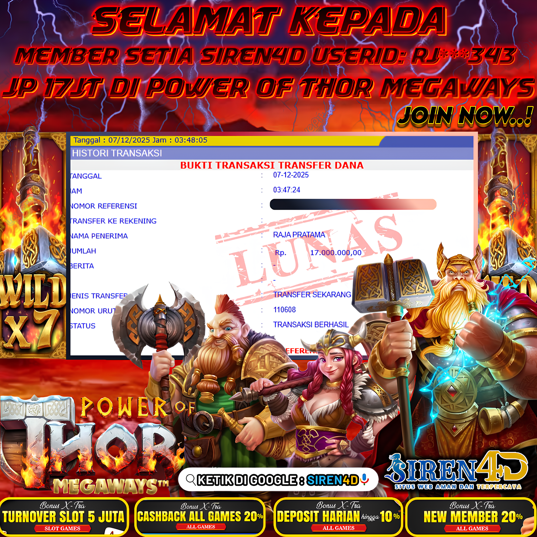 SIREN4D  - JACKPOT DI GAME POWER OF THOR MEGAWAYS RP 17JT DIBAYAR LUNAS