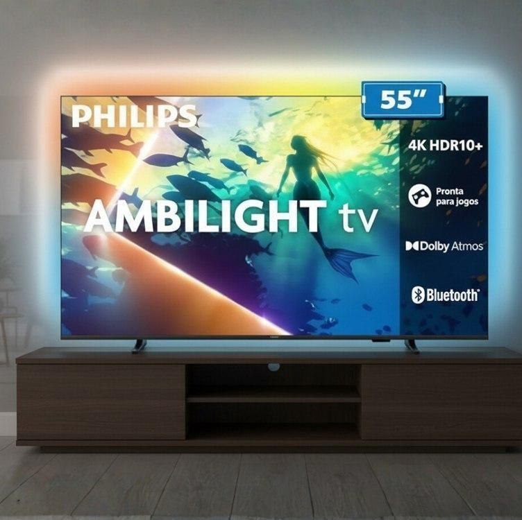 PHILIPS, Smart TV Ambilight 55″ 4K, 55PUG8100/78, Comando de Voz, HDR10+/Dolby Atmos, VRR/ALLM, Bluetooth