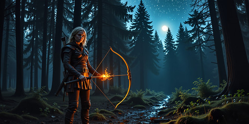 A dirty blonde female ranger standing in a dark forest clearing at night her hair slightly tousled b.jpg