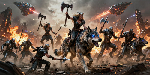 A widescreen photorealistic scene of an absurdly dramatic alien invasion featuring a diverse army of.jpg